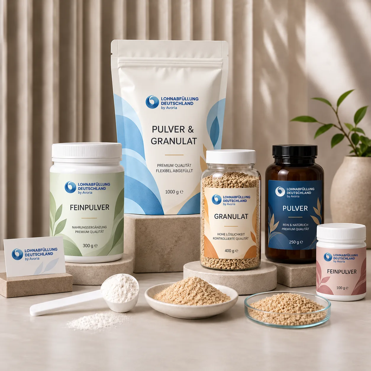 Powder and granulate in cans and bottles from contract filling